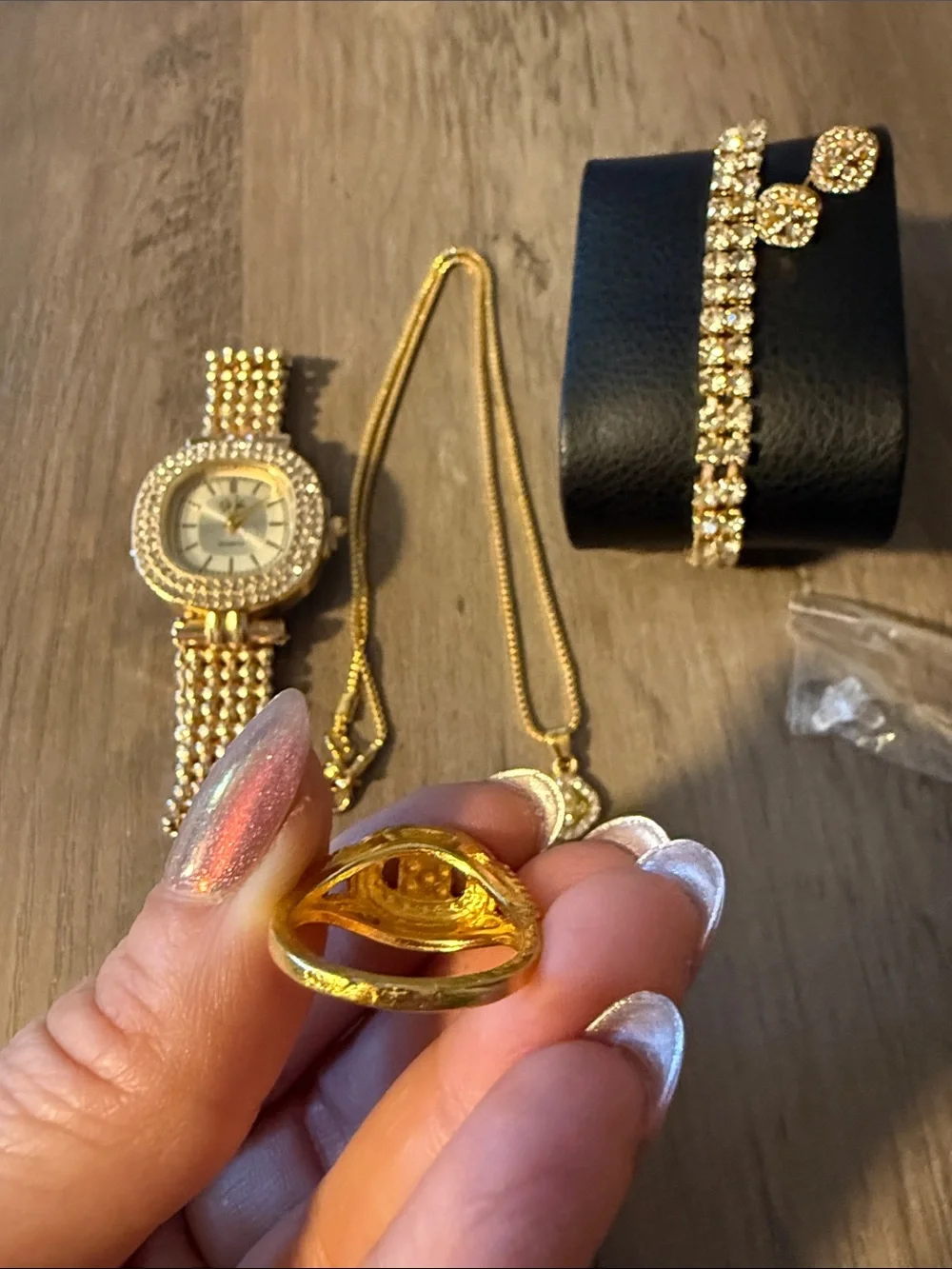 Gold Tone Crystal Women's Jewelry Set - Watch, Necklace, Bracelet, Earrings